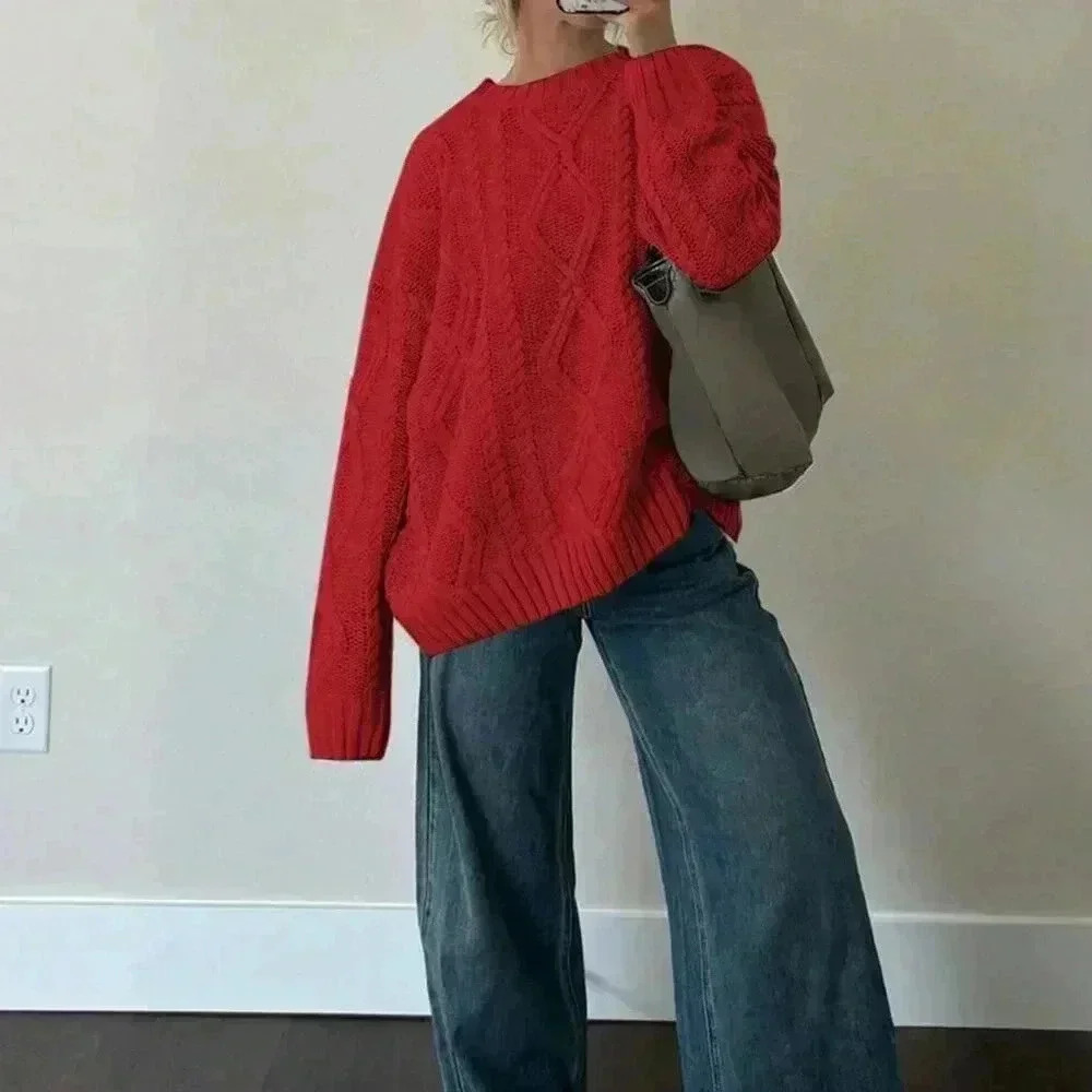 Deep Red Casual Women's Cable Knit Crew Neck Loose Long Sleeve Sweater
